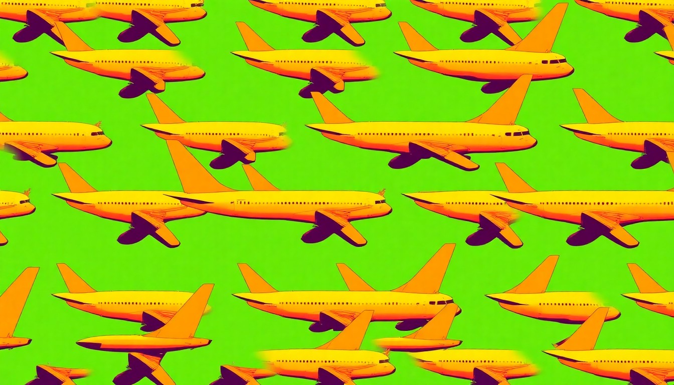 A bold, colorful silkscreen print depicting an airplane fuselage repeated in a grid pattern, conceptually representing the unique architectural design at the center of a community debate.