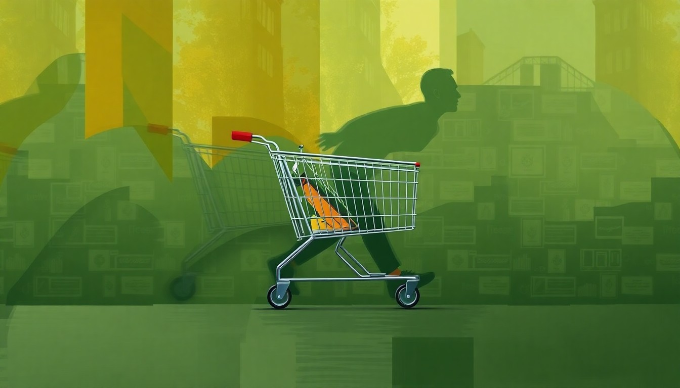 A fractured, abstract painting depicting a shopping cart in motion, with overlapping geometric shapes and waves of earthy green, ochre, and grey tones, conveying a sense of instability and movement associated with homelessness.