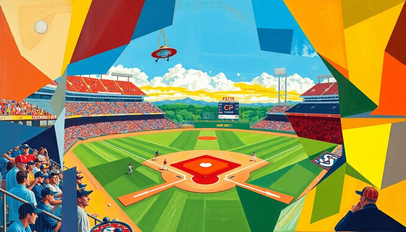 A fragmented, geometric painting in bold colors representing the dynamic energy and multiple perspectives of a college baseball game.