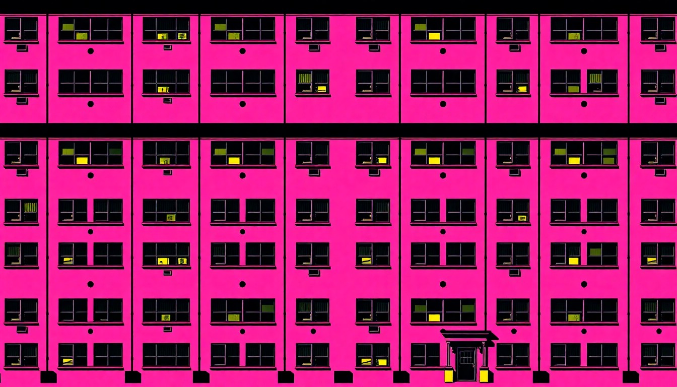 A brightly colored, high-contrast silkscreen print of a school building facade repeated in a tight grid pattern, utilizing flat, vibrant, and unnatural neon color palettes overlapping with heavy black photographic outlines to turn an everyday educational institution into modern pop art.