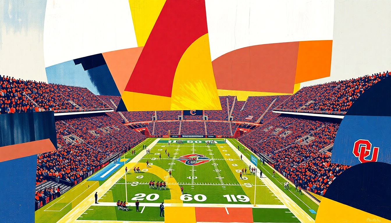 A cubist, geometric painting featuring overlapping planes of gold, black, and white, representing the University of Colorado's football team and the fragmented nature of the debate surrounding the program.