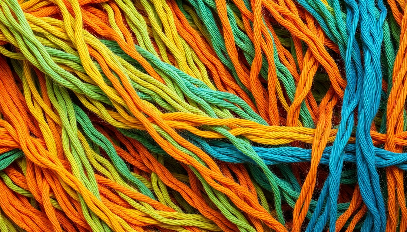 An abstract close-up photograph showcasing the intricate, vibrant textures of woven fabrics in Mirzam Pérez's multimedia art exhibit, conceptually representing the layered themes of joy and perseverance.