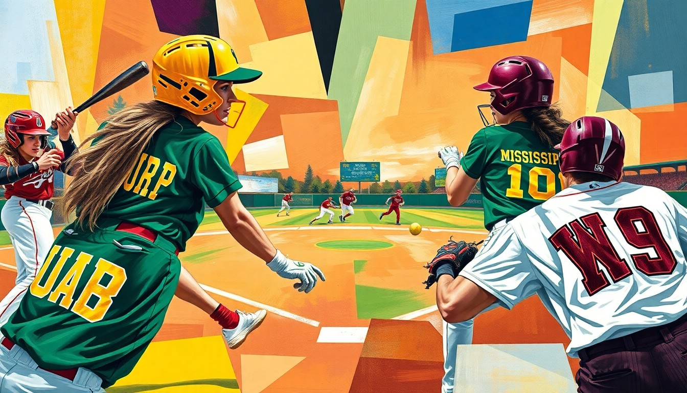 A fragmented, geometric painting depicting a softball game in motion, with the players and field broken down into overlapping planes of color and shape.