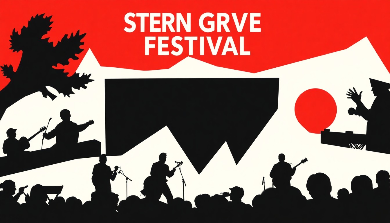 A striking, abstract illustration featuring bold, geometric shapes and silhouettes in high-contrast colors, conceptually representing the diverse musical acts performing at the Stern Grove Festival.