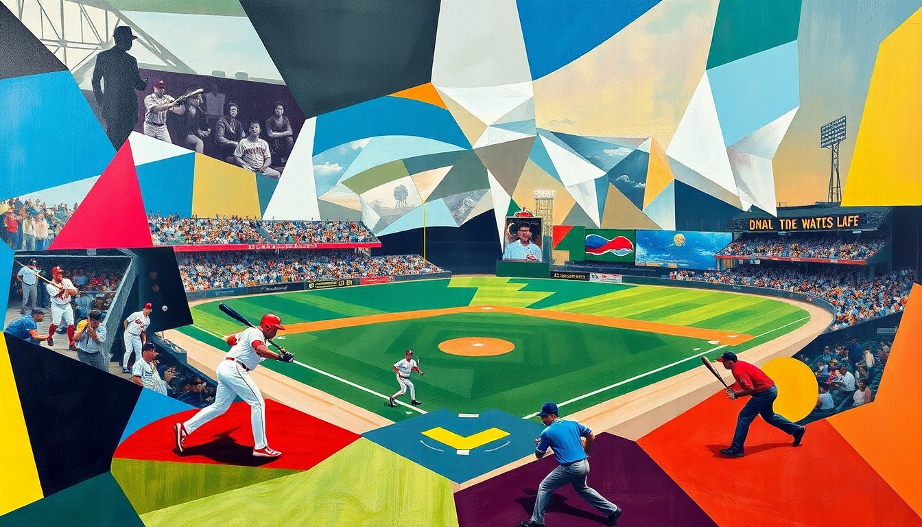 A fractured, multi-perspective painting in bold, angular shapes and colors that capture the energy and movement of a baseball game, with players and the field abstracted into a dynamic, cubist composition.
