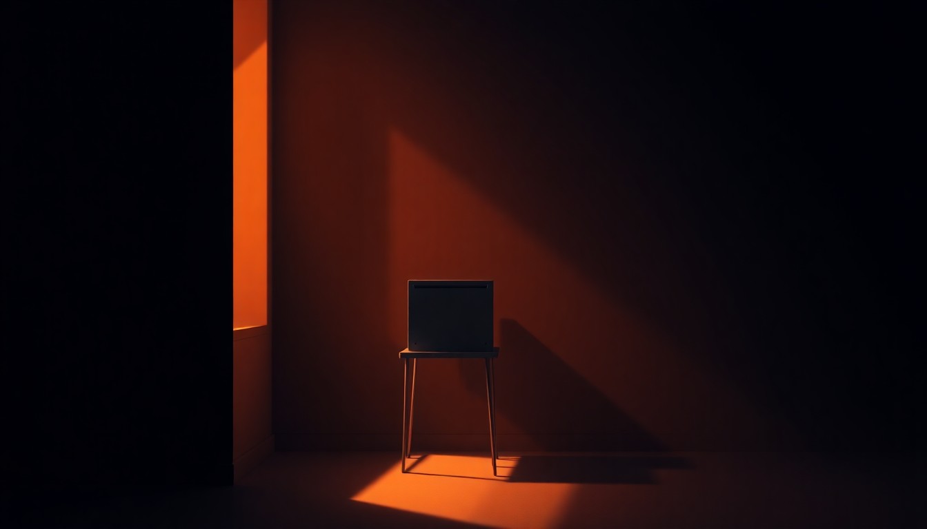 A warm, cinematic painting depicting a solitary ballot box or voting booth, with soft lighting and deep shadows, conveying the quiet importance of local elections.