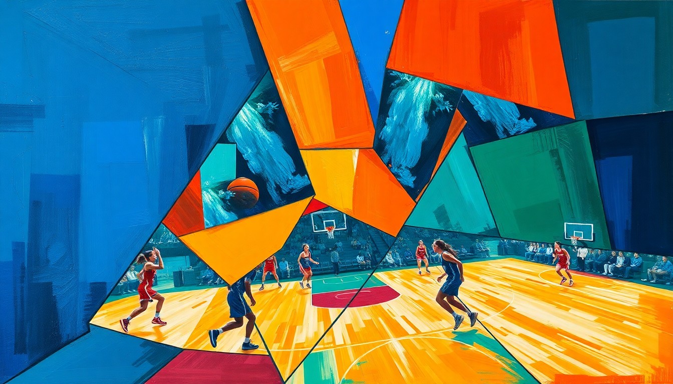 A cubist, geometric painting depicting a fragmented women's basketball game, with sharp, overlapping planes of color representing the dynamic action on the court.
