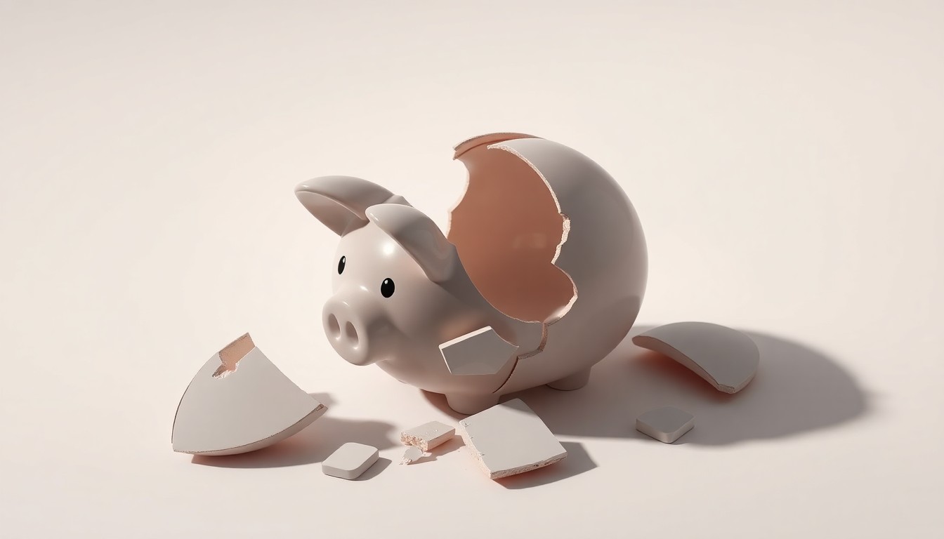 A high-end, photorealistic studio still-life featuring a shattered piggy bank made of polished ceramic on a clean, monochromatic background, conceptually representing the fragility of fundraising efforts and the need for community support.