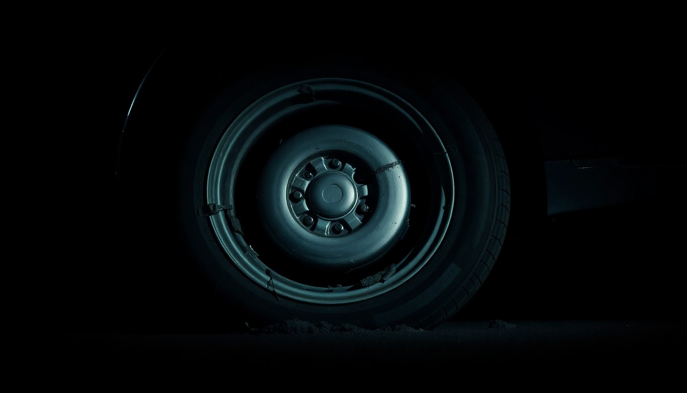 An extreme close-up photograph of a car's deflated tire, lit by a harsh, direct camera flash against a pitch-black background, conveying a stark, gritty, investigative mood.
