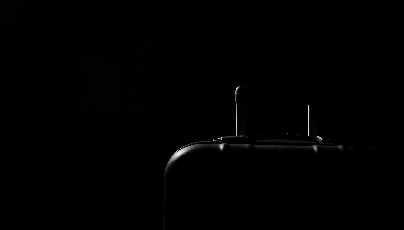 An extreme close-up photograph of a lone suitcase handle against a pitch-black background, lit by a harsh, direct camera flash, conceptually representing the mystery and uncertainty surrounding a solo traveler's disappearance.