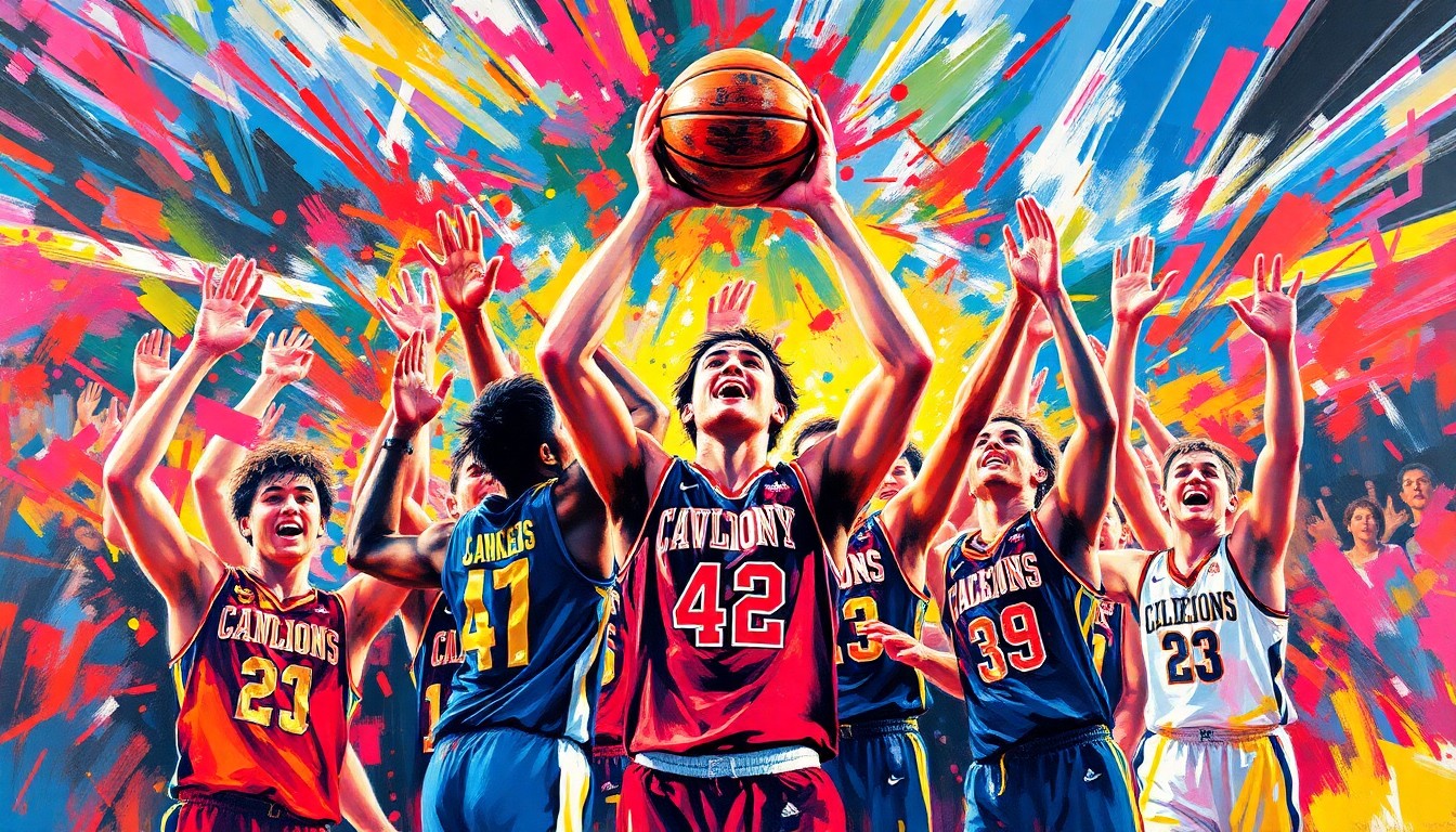An abstract, energetic painting in neon colors depicting the dynamic motion and emotion of a high school basketball championship celebration, with faces and details dissolved into expressive brushstrokes.