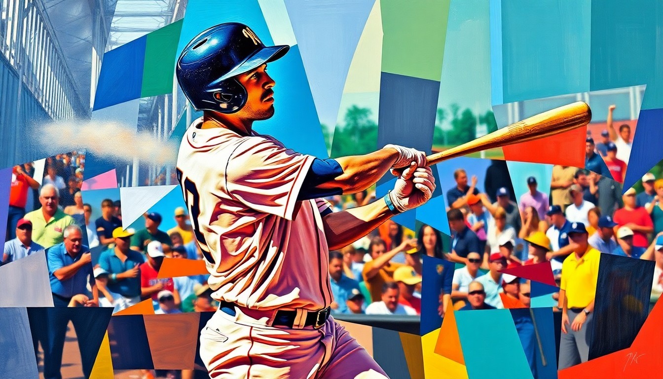 A conceptual illustration in the cubist style, featuring fragmented geometric shapes and planes of bright blue, orange, and white, capturing the dynamic motion and energy of a baseball player's game-winning hit.