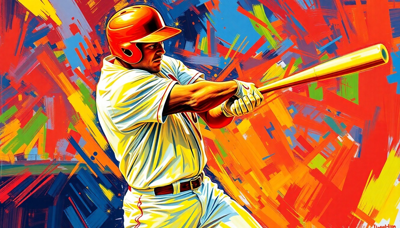 An abstract, expressionist painting in vibrant neon colors depicting the powerful swing and explosive energy of a baseball player hitting a home run, capturing the raw athleticism of the moment.