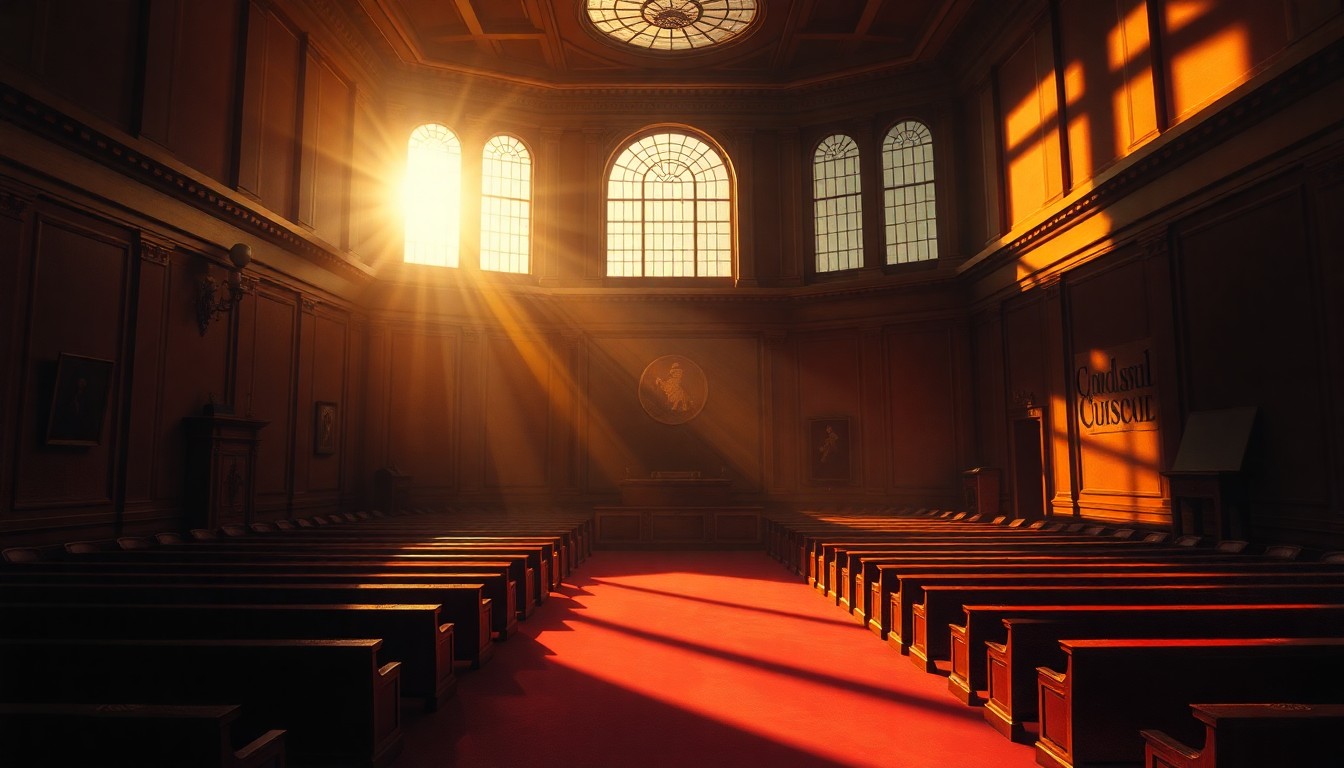 A dimly lit, cinematic painting of an empty city council chamber, with warm sunlight streaming through the windows and deep shadows cast across the room, conveying a sense of quiet contemplation over the political debate surrounding a local development project.
