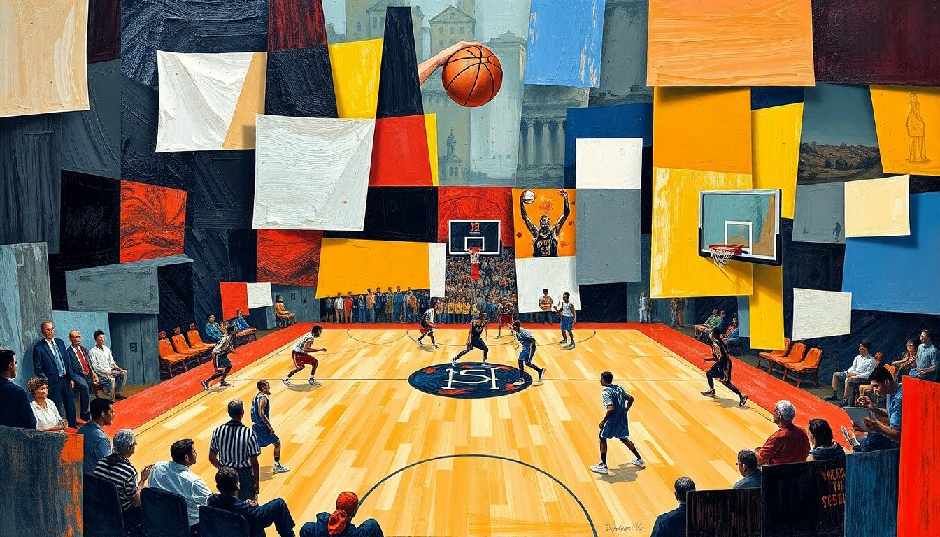 A fractured, multi-perspective painting in a cubist style, breaking down a basketball game or match into sharp, overlapping geometric planes of color without any identifiable elements.