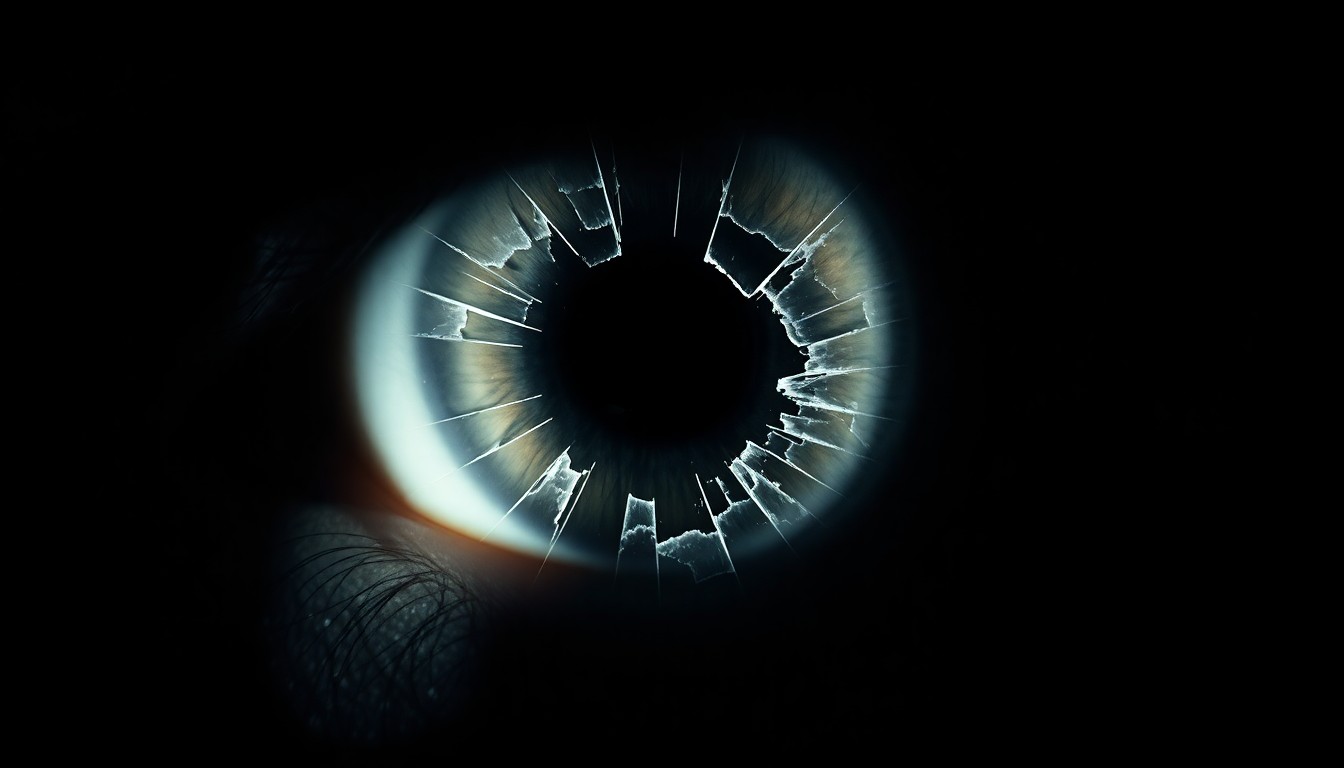 An extreme close-up photograph of a shattered eye lens, capturing the dramatic texture and material details in stark, dramatic lighting to conceptually illustrate the injury sustained by a protester.