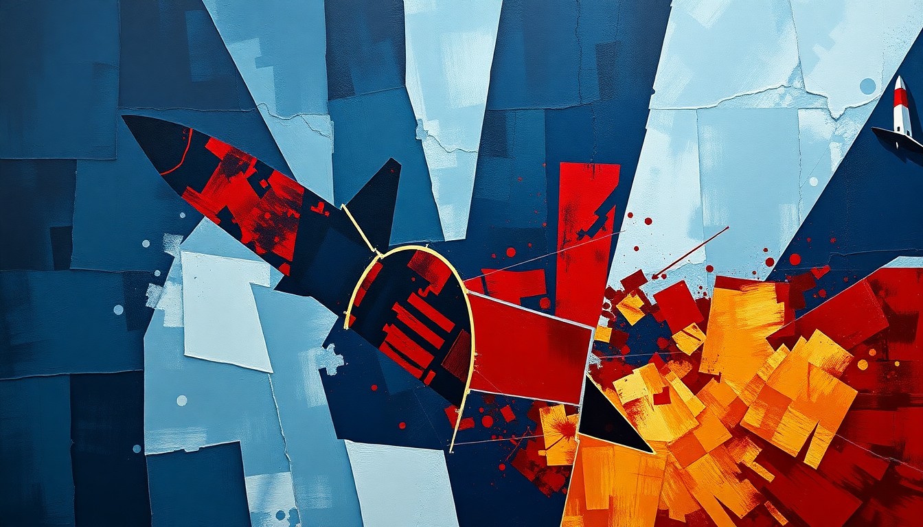 A dynamic, abstract painting in shades of navy, crimson, and gold featuring the fractured, overlapping silhouette of a missile or warship, conceptually representing the heightened tensions and military posturing between the United States and Iran.