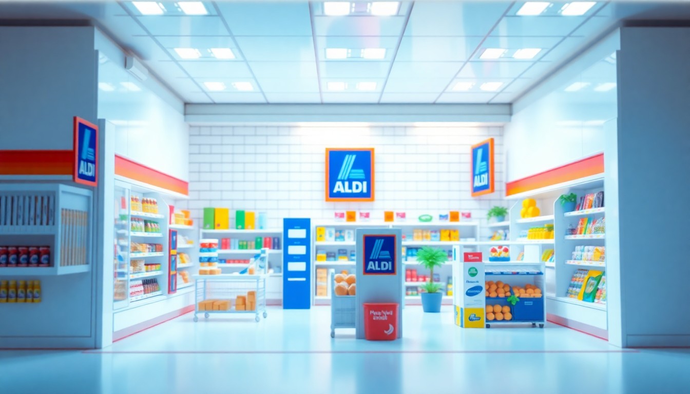 A digital 3D illustration depicting the interior of a modern Aldi supermarket, with clean lines, bold colors, and a playful, editorial feel, representing the company's continued growth in the Charleston region.