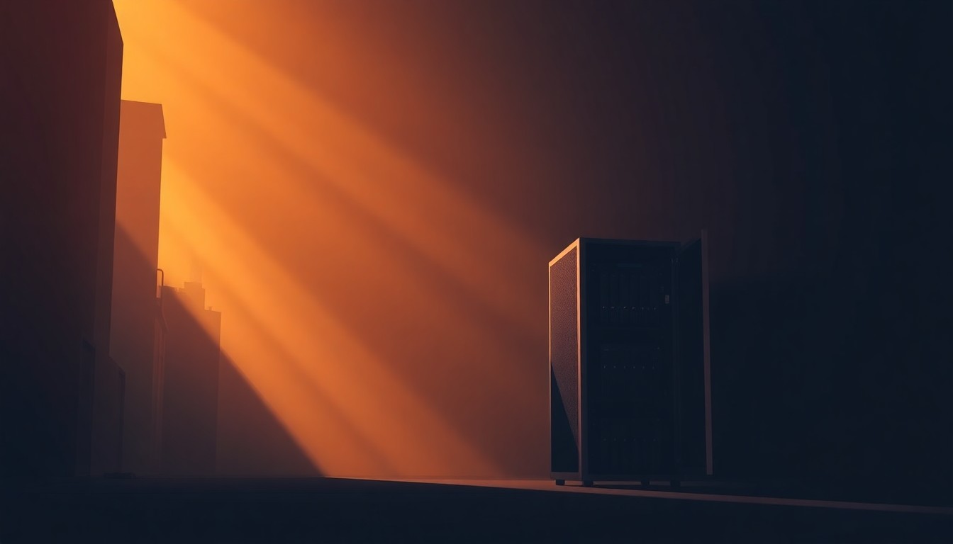 A detailed, photorealistic painting of a single data server rack standing alone in a dimly lit urban setting, with warm sunlight streaming in through a window and casting dramatic shadows across the scene, conveying a sense of solitude and contemplation around the role of technology in the modern city.