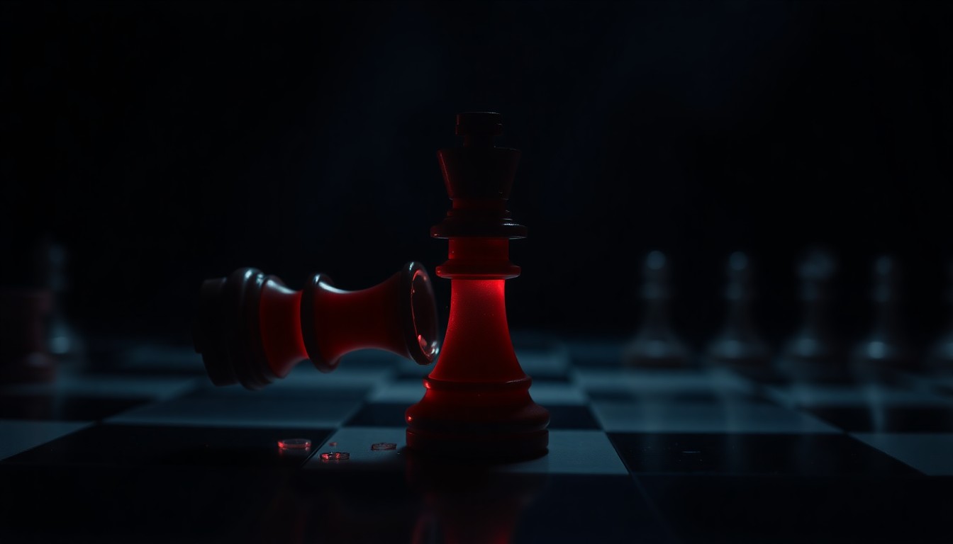 An extreme close-up of a shattered chess piece reflecting a faint red light, conceptually illustrating the tension and drama of the cheating scandal that rocked the competitive chess world.