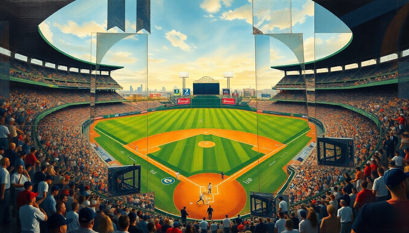 A cubist, geometric painting depicting a baseball game or match, with the players and field broken down into sharp, overlapping planes of color and shape, capturing the fractured nature of the White Sox's early-season woes.