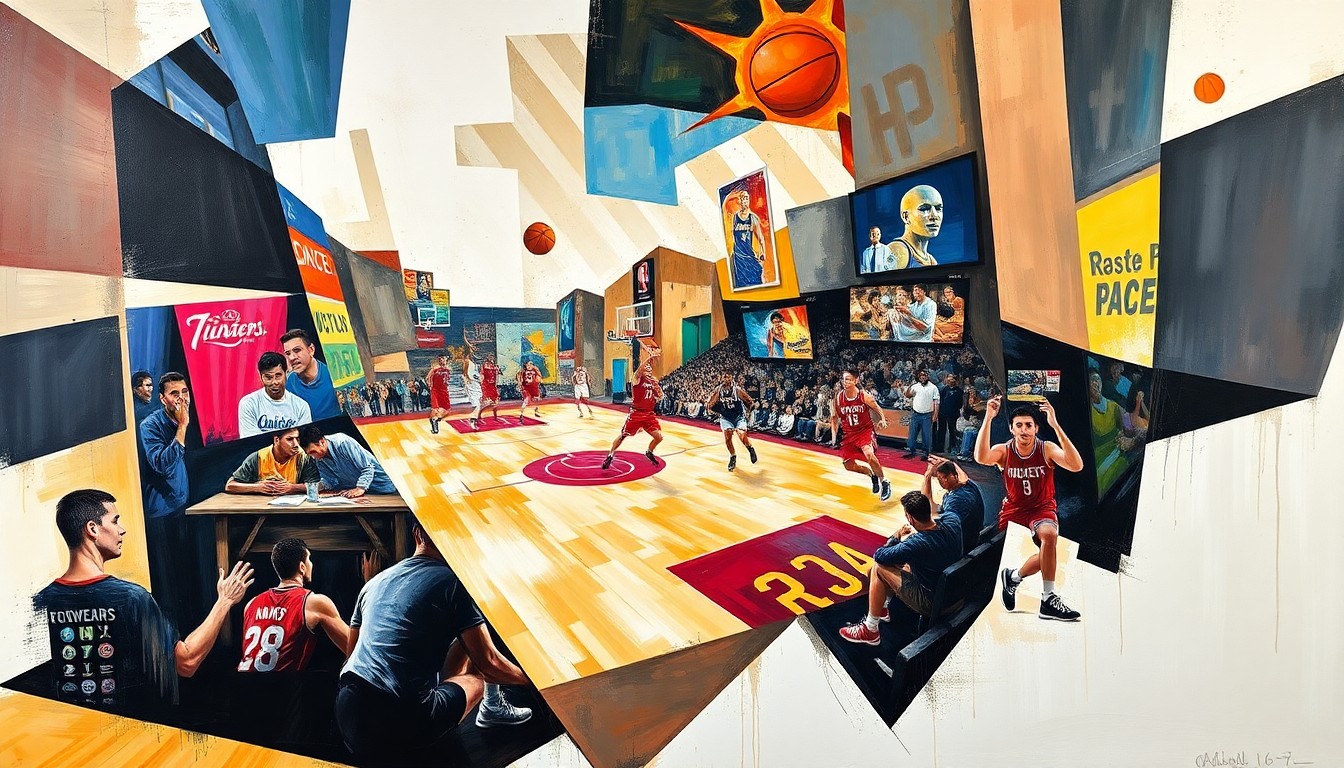 A fragmented, geometric painting depicting a basketball game or match, with players and the ball's movement broken down into abstract shapes and forms, capturing the intensity and energy of the competition.
