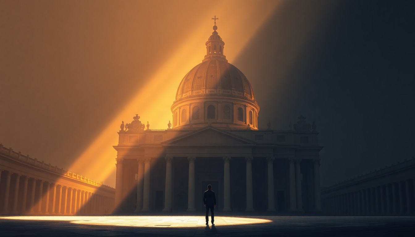 A serene, cinematic painting of the dome of St. Peter's Basilica in Rome, with a lone figure in the foreground gazing up at the iconic structure, conveying a sense of contemplation and moral authority.