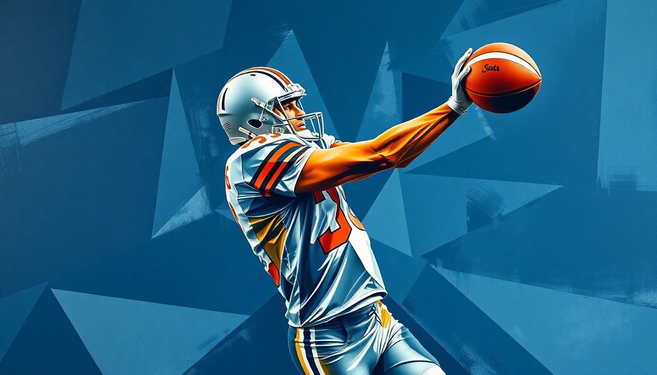 A fragmented, geometric painting depicting a football player in mid-catch, with sharp planes of color and overlapping shapes representing the dynamic action of the play.