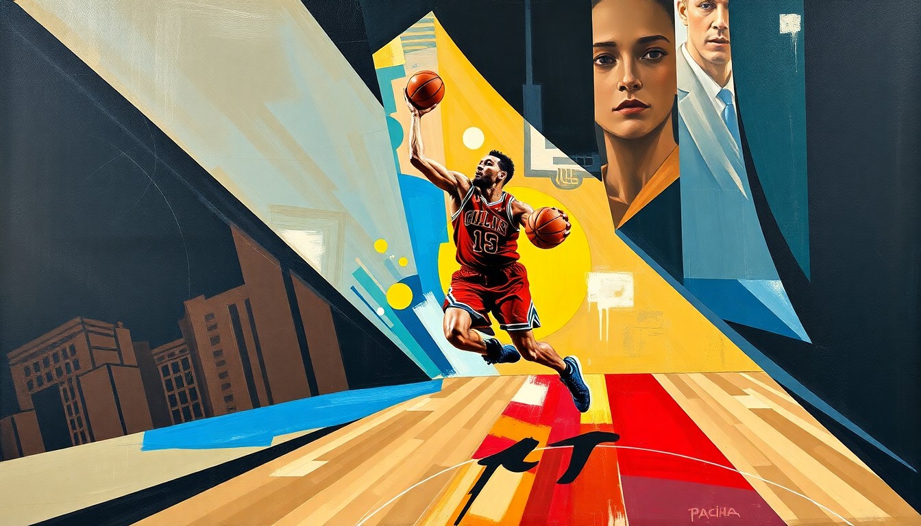 A fractured, cubist-style painting depicting the dynamic movements of a basketball player, with sharp geometric shapes and planes representing the energy and fluidity of the sport.