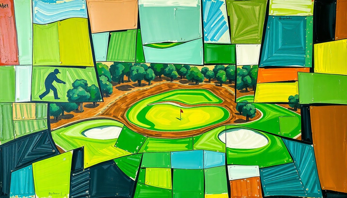 A fragmented, geometric painting in shades of green, brown, and blue, capturing the dynamic action of a golf tournament through Cubist-inspired shapes and planes.