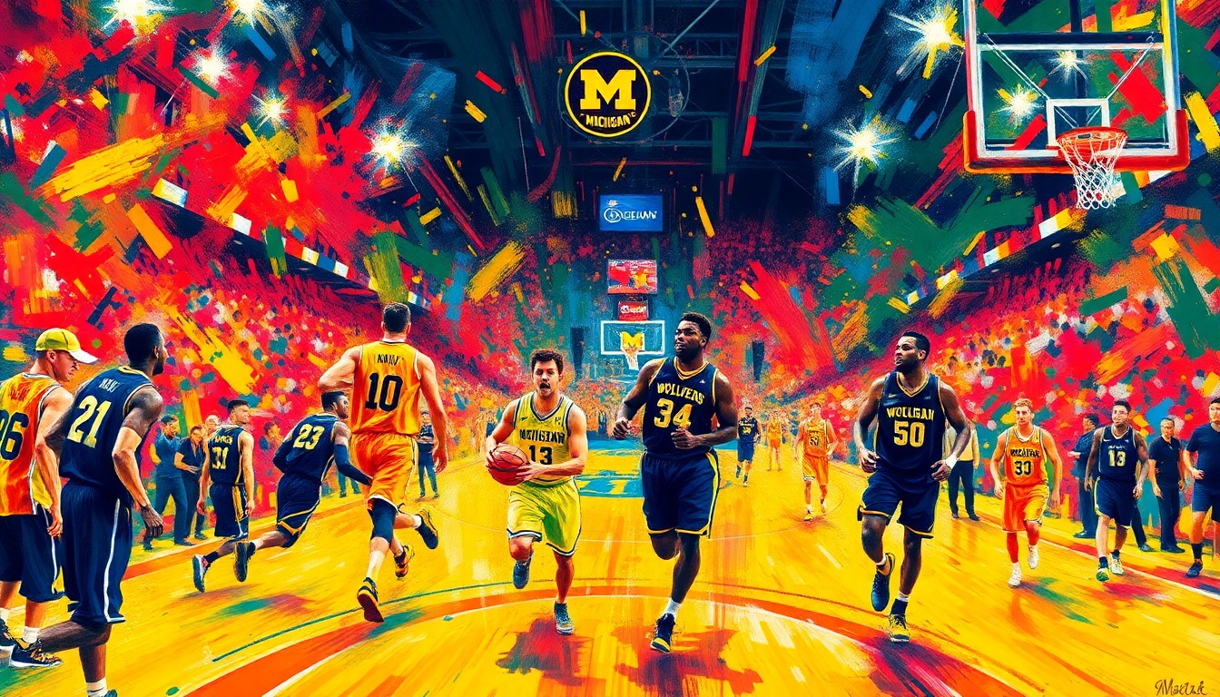An abstract, expressionist painting featuring dynamic, colorful brushstrokes and figures in motion, capturing the energy and excitement of the Michigan Wolverines' NCAA basketball championship victory.