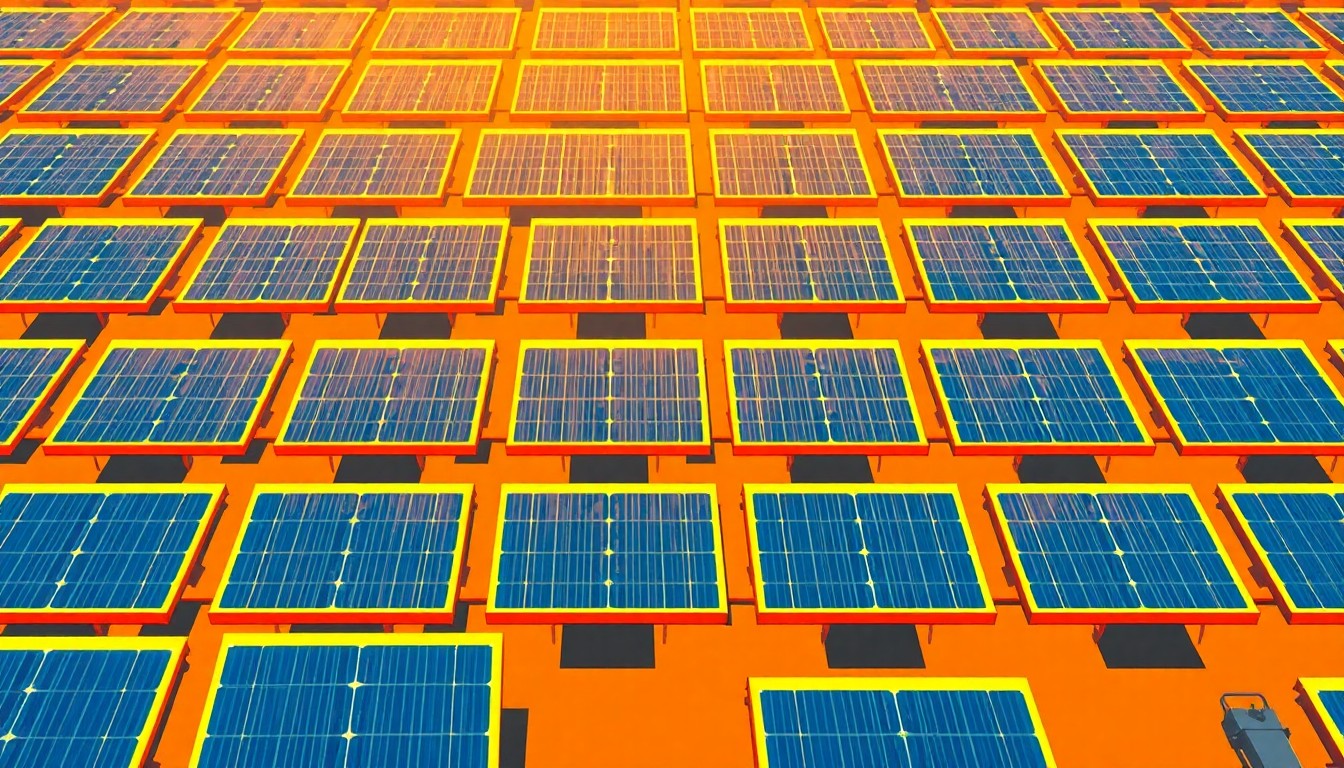 A vibrant, high-contrast silkscreen print featuring a repeating pattern of a solar panel, conceptually representing the conflict between renewable energy infrastructure and off-the-grid living.