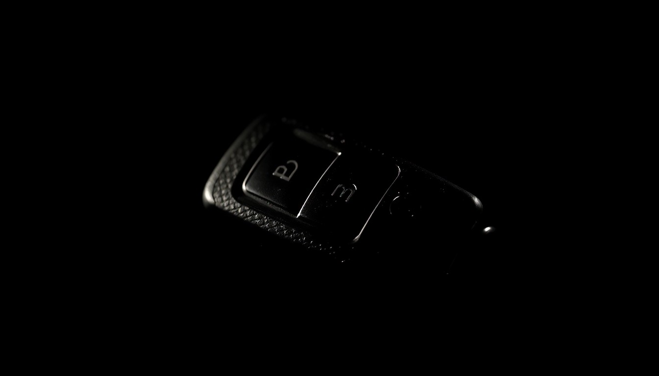 An extreme close-up photograph of a scratched and worn car key fob, conceptually representing the aftermath of a vehicle theft.
