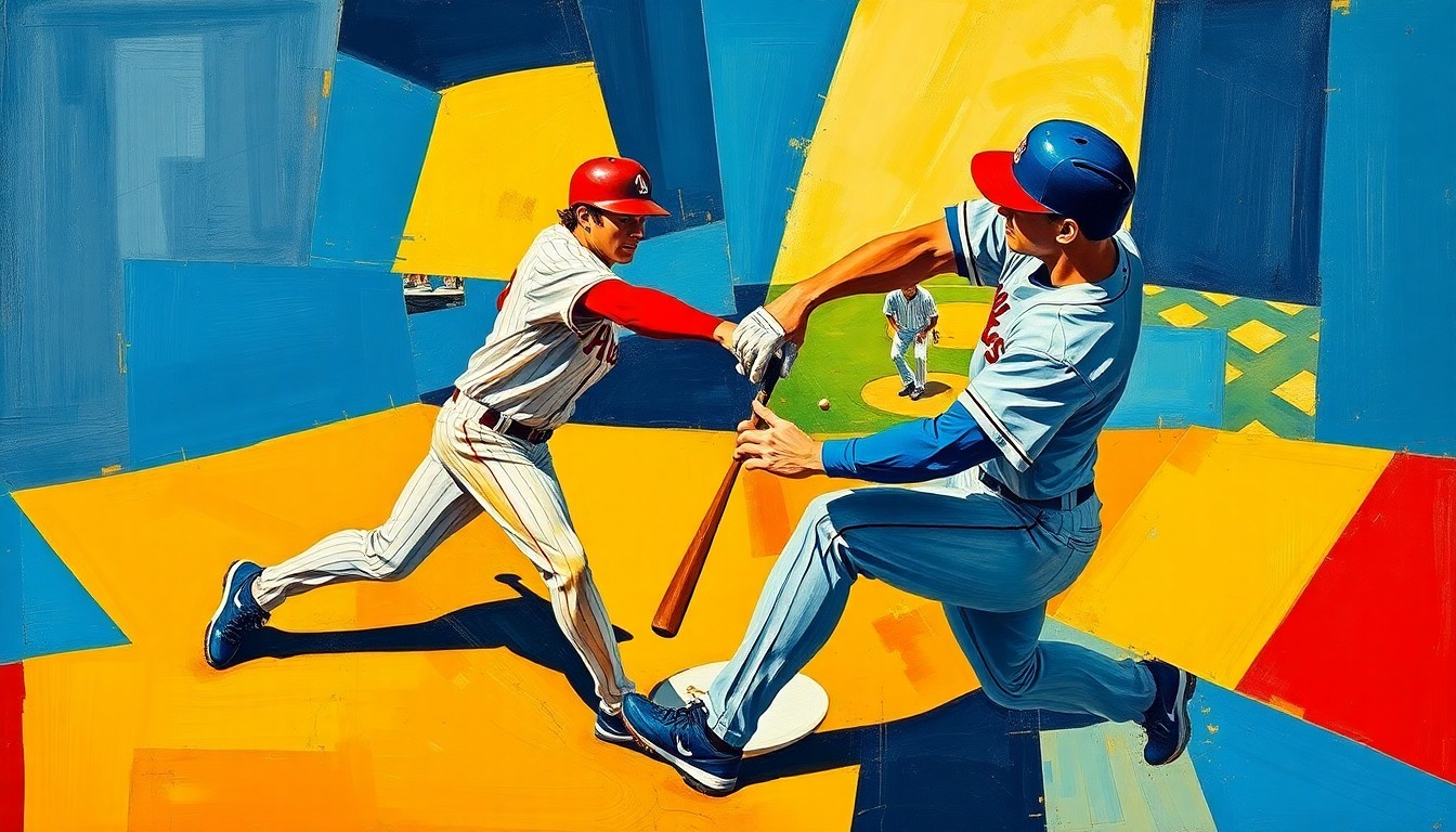 A fractured, geometric painting depicting the chaotic movements of a baseball double play, with sharp planes of color and overlapping shapes conveying the disjointed nature of the Red Sox' defensive struggles.