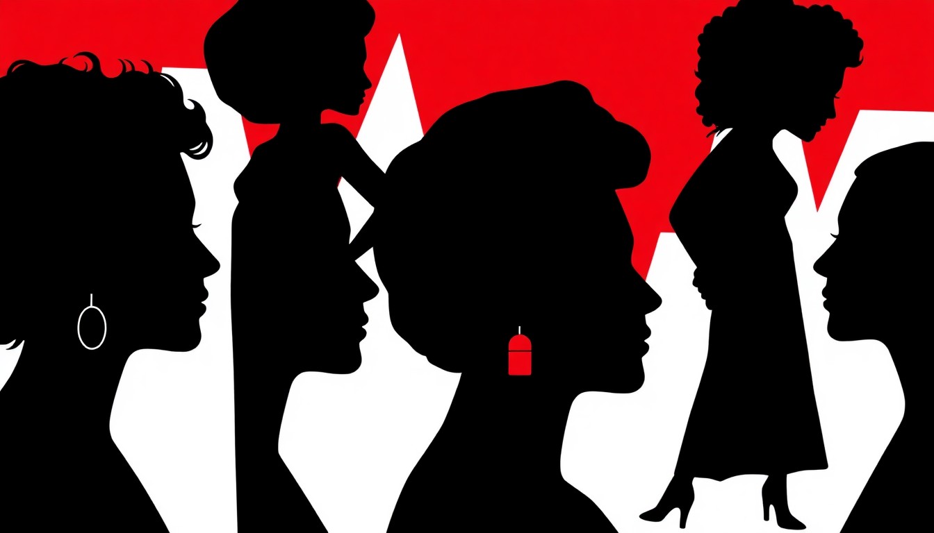 A striking abstract composition of jagged geometric shapes and bold silhouettes in high-contrast red and white, conceptually representing the diverse narratives and community of the women featured in the Belle Collective: Birmingham reality series.