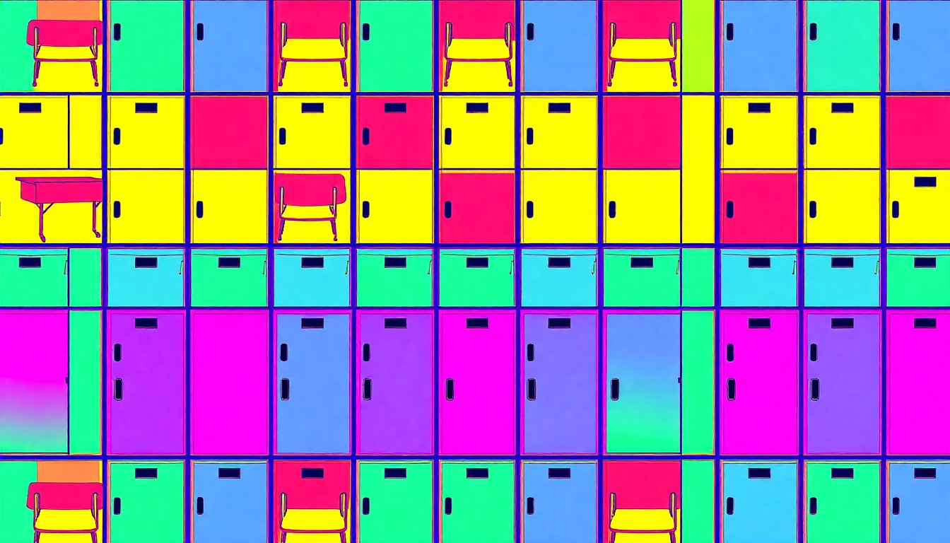 A vibrant, abstract grid of silkscreened school desks in neon pink, yellow, and blue, conceptually representing the district's efforts to revitalize its educational infrastructure.