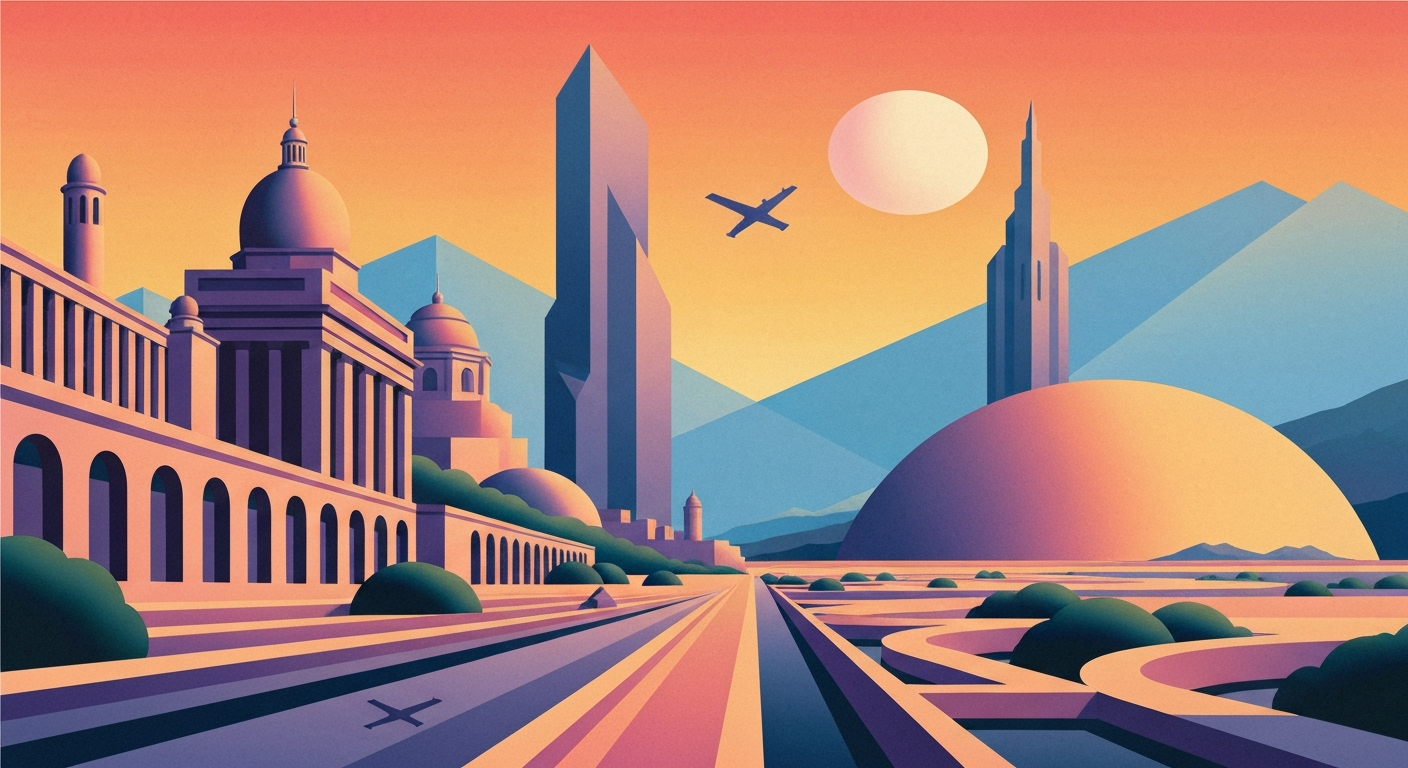 A bold, geometric composition in shades of blue, orange, and gray, featuring sweeping architectural forms and a sense of grand scale, conceptually representing the romance and adventure of international travel.