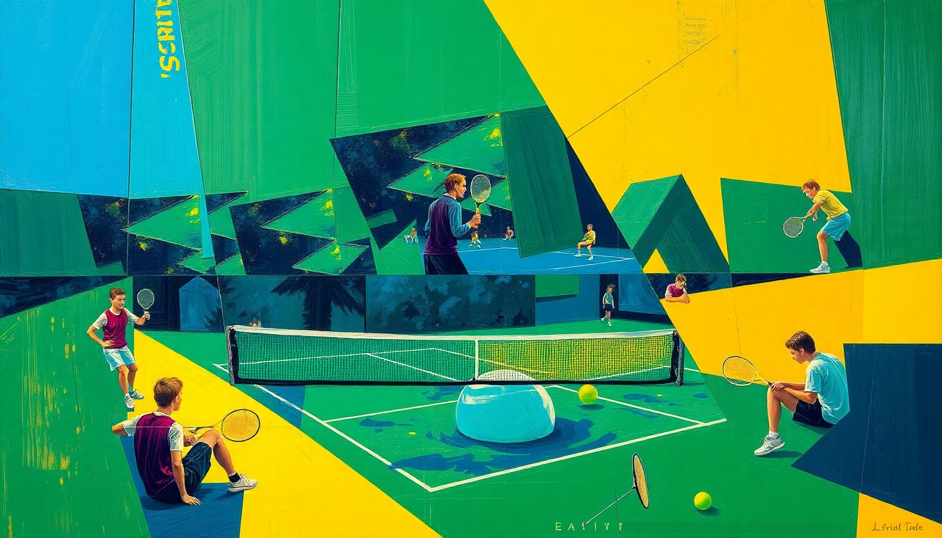 A fragmented, geometric painting depicting the overlapping perspectives and rapid motion of a high school tennis match, using bold, contrasting colors to capture the sport's intensity.