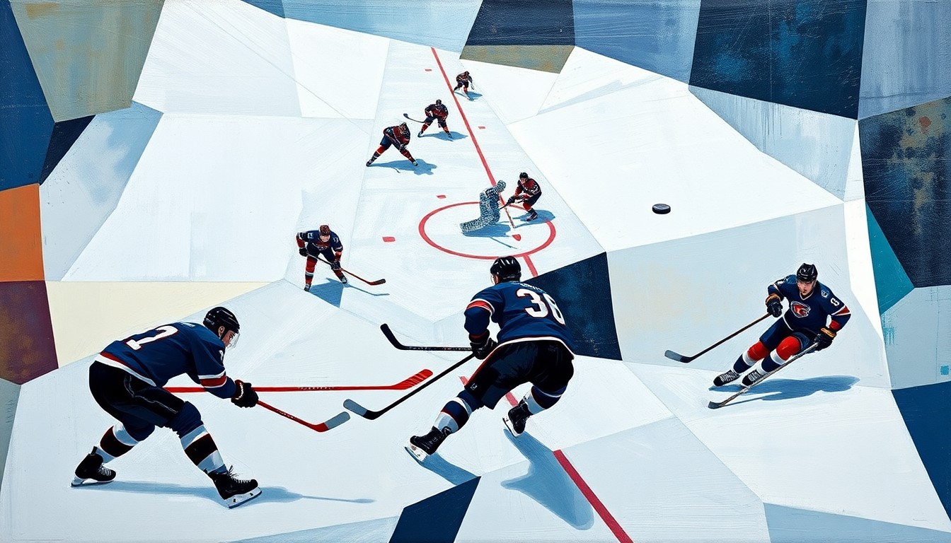 A fractured, multi-perspective painting in the style of Pablo Picasso, breaking down a hockey game into sharp, overlapping geometric planes. The players' movements and the puck's trajectory are represented through intersecting shapes and angles, creating a dynamic and visually striking composition.