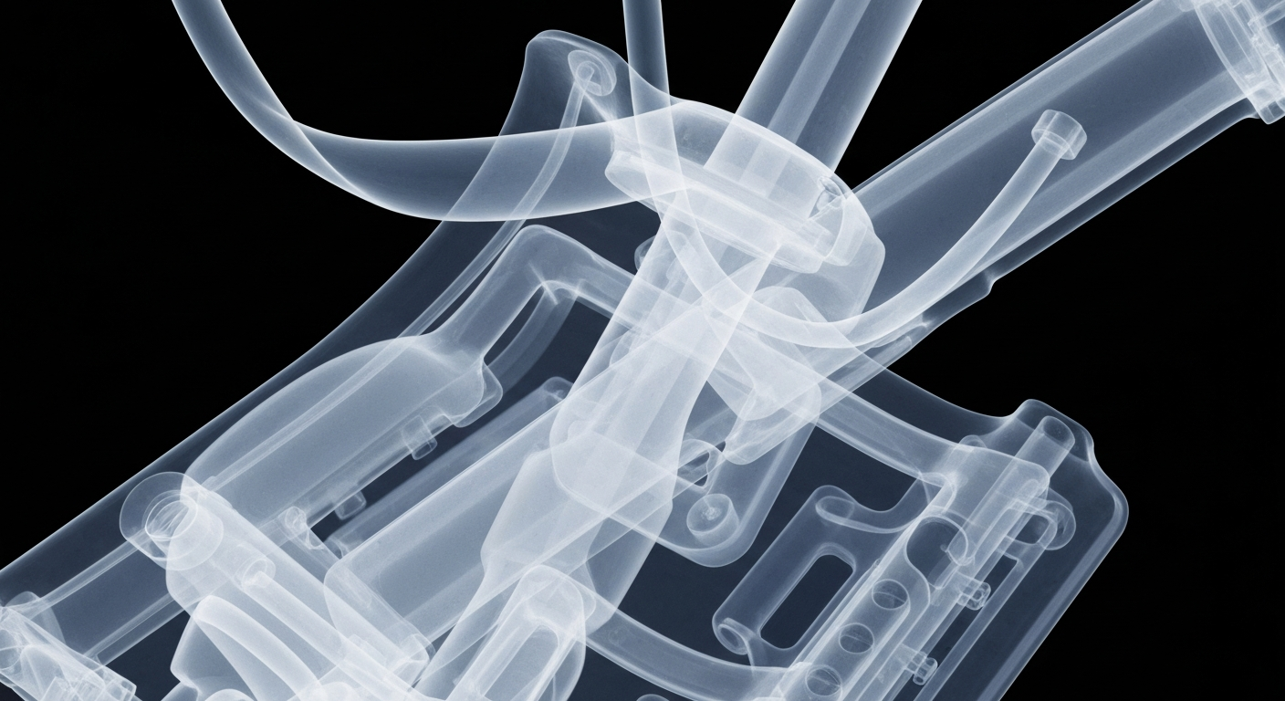 An extreme close-up of the translucent, ghostly X-ray image of a medical device, conceptually representing the hidden flaws that allow scammers to exploit remote patient monitoring services and defraud Medicare.