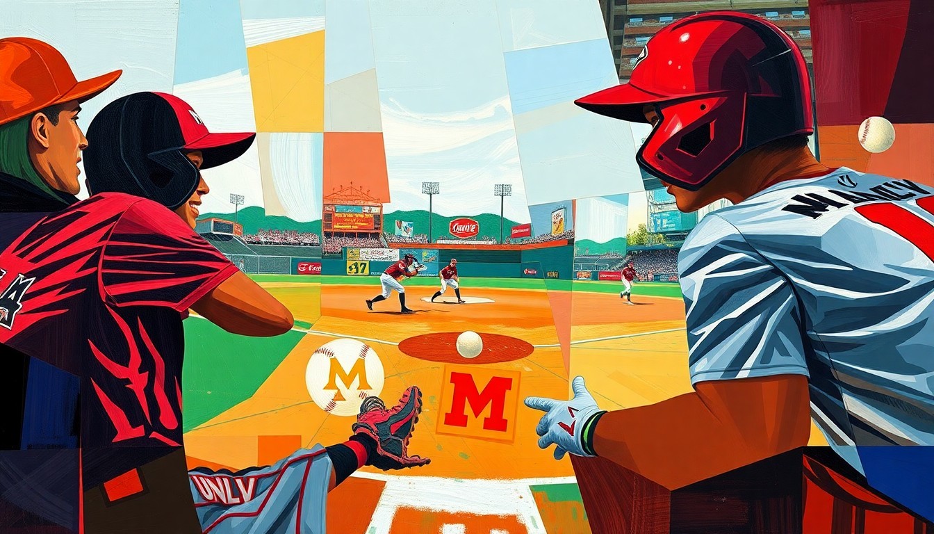 A dynamic, cubist-style illustration depicting the action and energy of a softball game, with the players and field broken down into overlapping geometric shapes and planes in the colors of the UNLV Rebels and New Mexico Lobos uniforms.