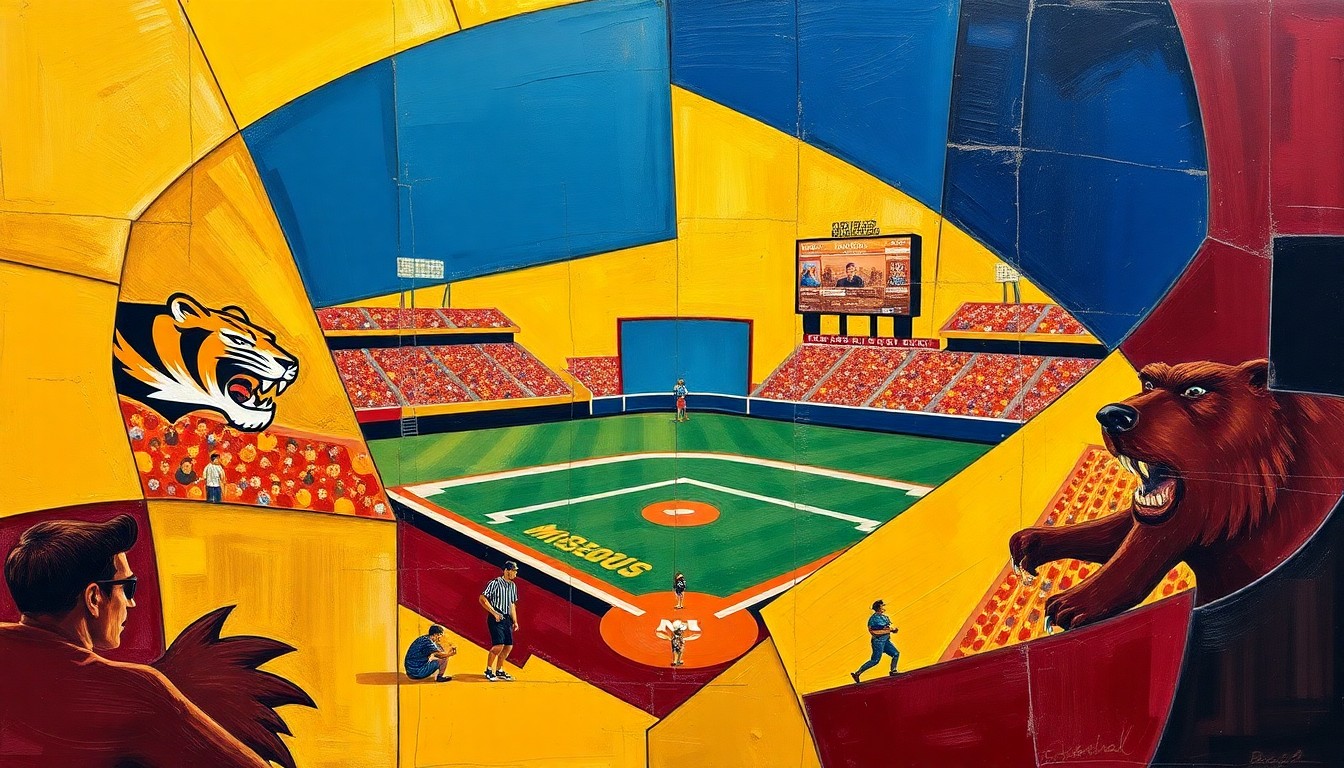 A fragmented, geometric painting depicting a baseball game between two teams, with sharp planes of color and overlapping shapes representing the competitive energy of the rivalry.