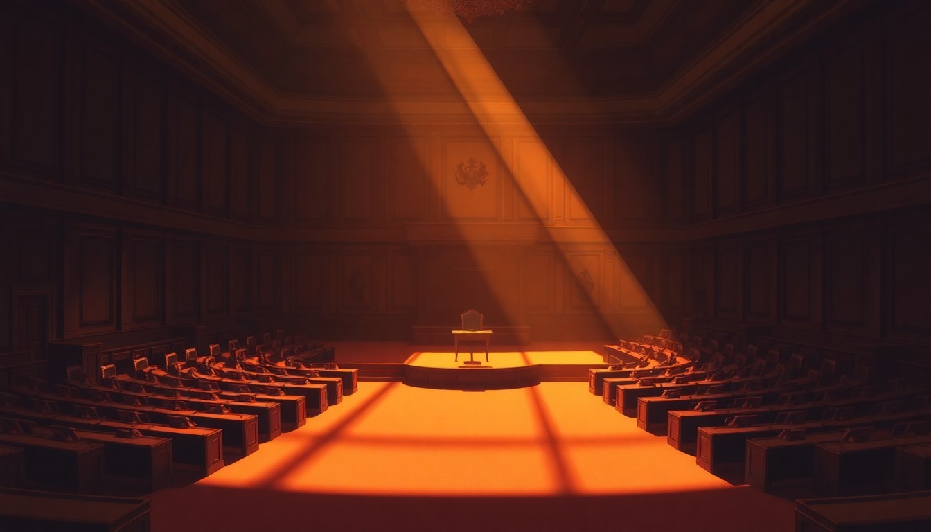 A dimly lit, cinematic painting of an empty legislative chamber, with warm sunlight streaming through the windows and deep shadows casting an atmosphere of quiet contemplation and political tension.