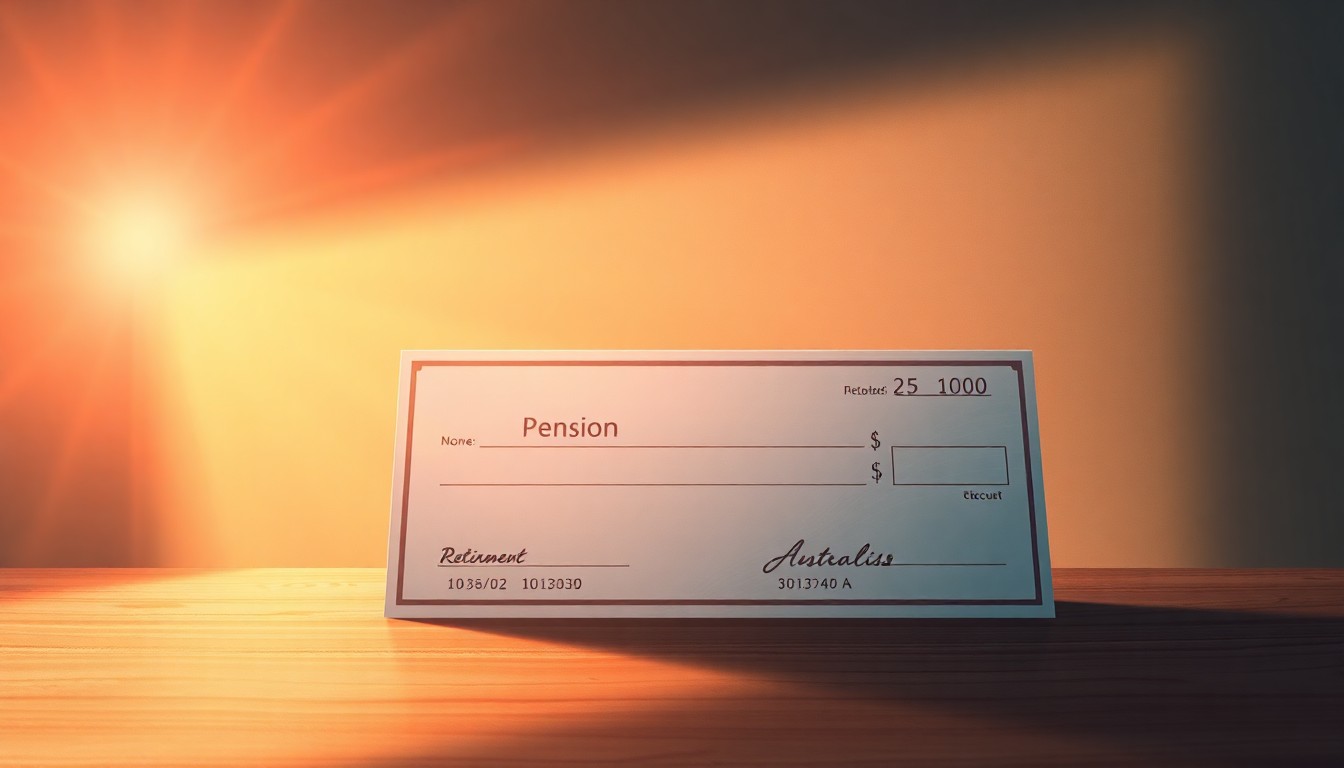 A photorealistic oil painting of a single retirement savings account book or pension check resting on a wooden table, with warm sunlight streaming in through a window and casting deep shadows across the scene, conveying a sense of financial stability and security.