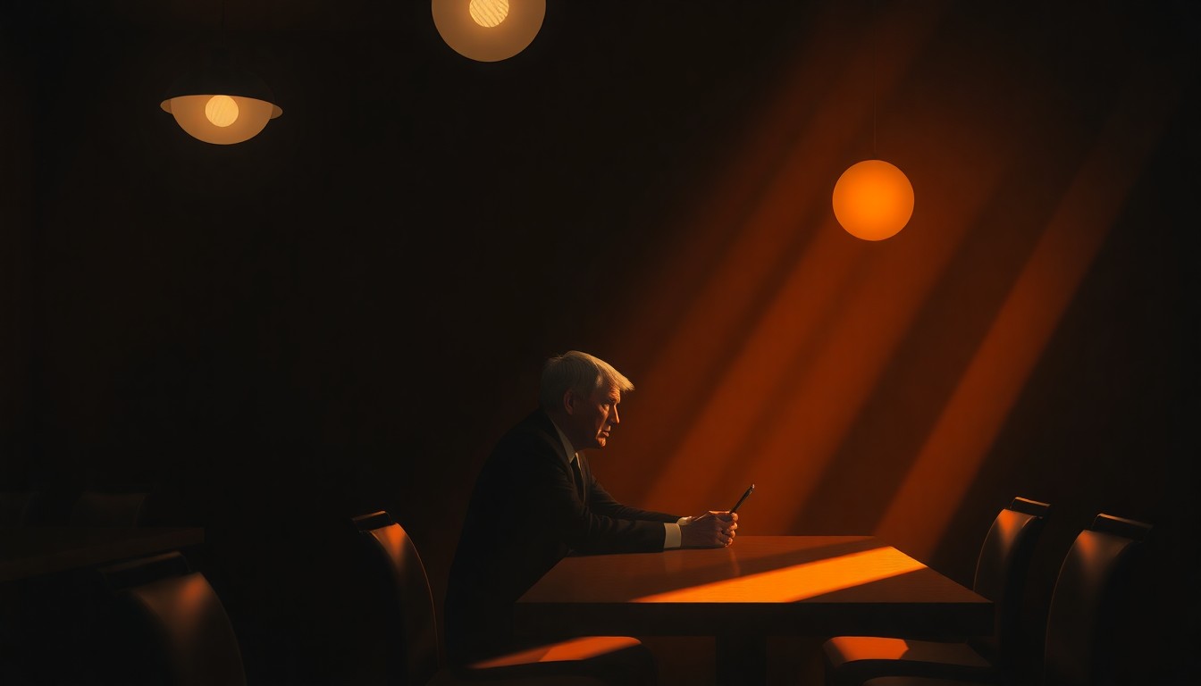 A solitary figure sits alone at a table in a dimly lit diner, the warm glow of sunlight casting deep shadows across the scene, creating a contemplative and introspective mood.