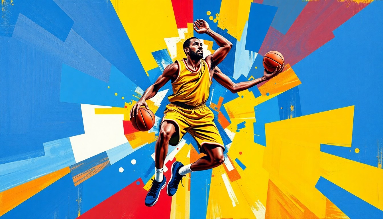 A cubist-style painting depicting a basketball player in motion, with their body and movements broken down into sharp, overlapping geometric shapes and planes in a vibrant color palette.