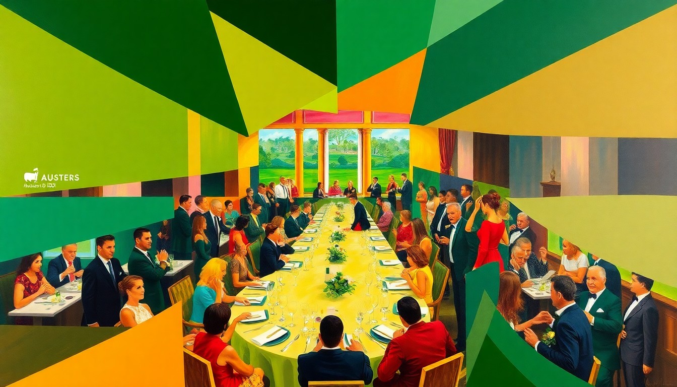 A fractured, multi-perspective painting in bold, geometric shapes and colors, conceptually representing the prestigious Masters Champions Dinner and its blend of formality, exclusivity, and celebratory energy.
