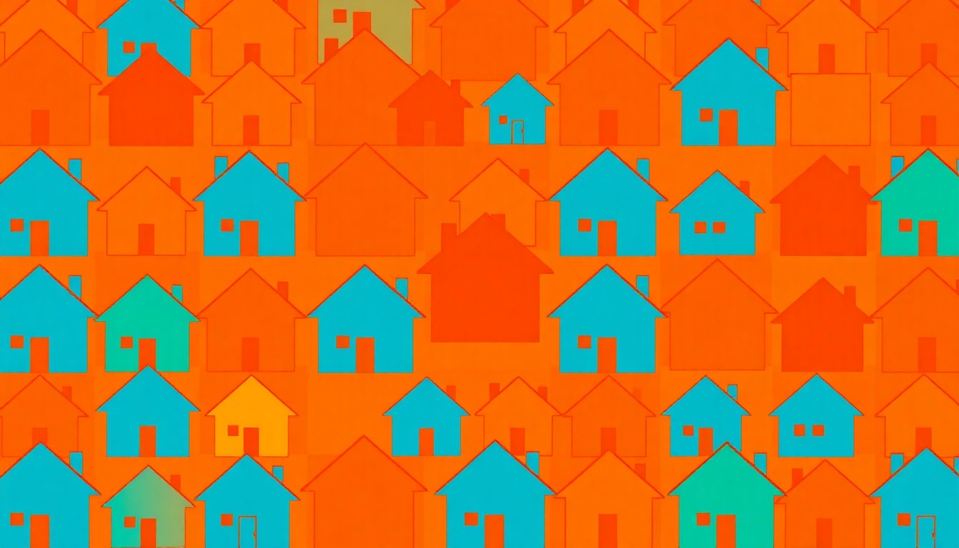 A vibrant, abstract silkscreen print featuring a repeated icon of a stylized house in a grid of bright, overlapping colors, conceptually representing the collaborative nature of cross-industry housing coalitions.