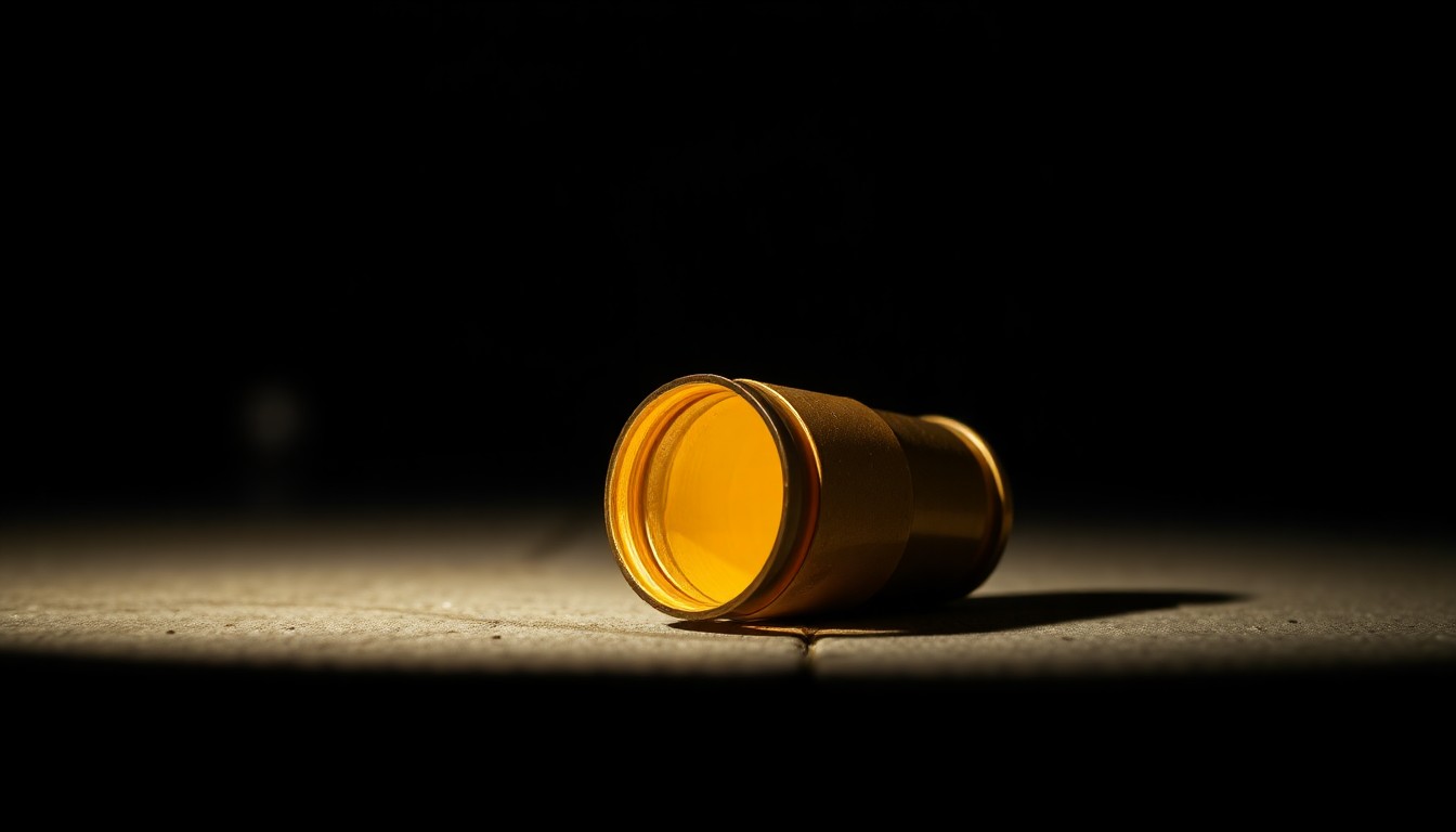 An extreme close-up of a shiny, metallic spent shell casing resting on a rough, dark concrete surface, conceptually representing the evidence gathered at a shooting scene.