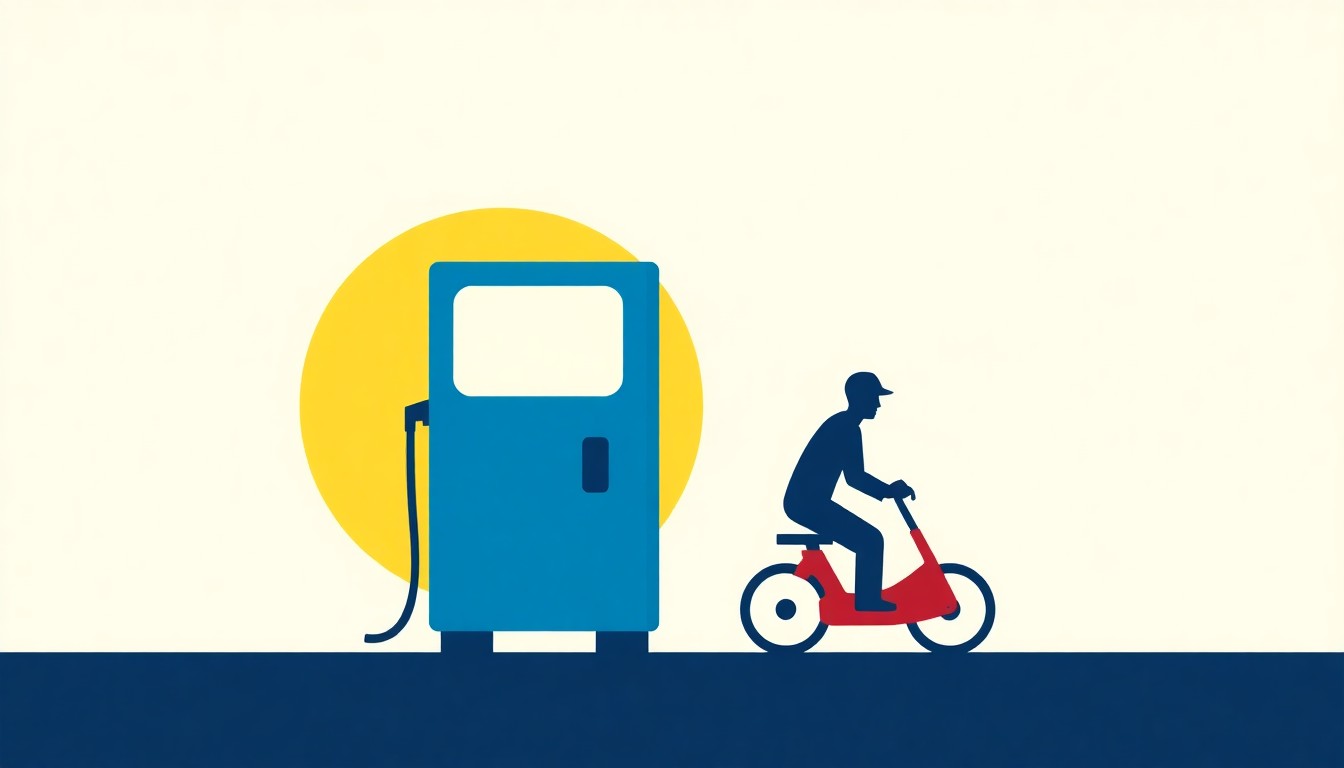 A geometric abstract illustration using bold shapes and primary colors to conceptually represent the economic strain of rising gas prices on gig economy workers.